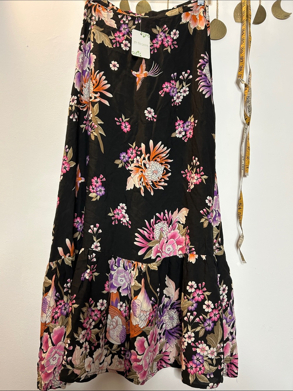 Black Floral Midi Skirt with Pink & Purple Blooms - Picture 6 of 8